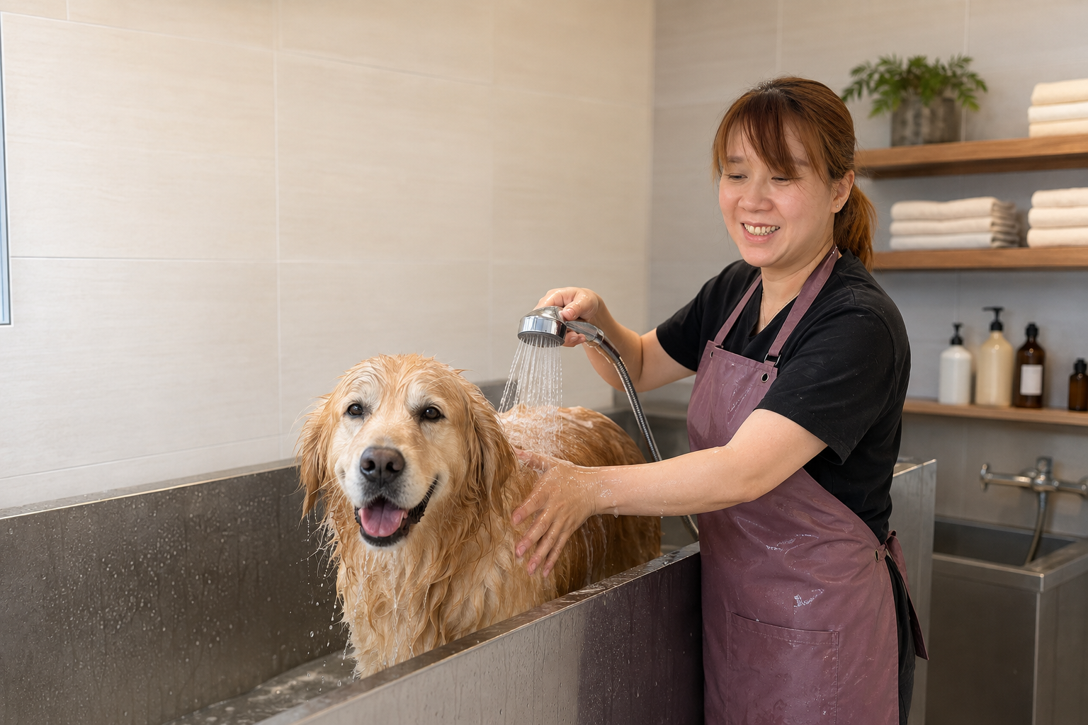 A relaxed golden retriever receiving a gentle bath from a pet groomer